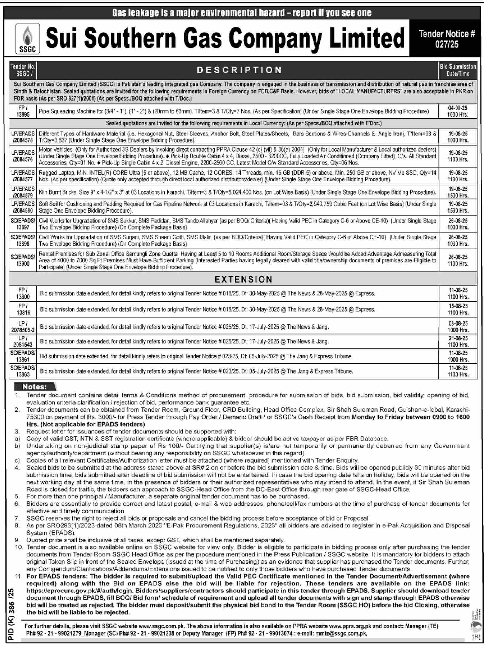 Sui Southern Gas Company Limited Tender Notice